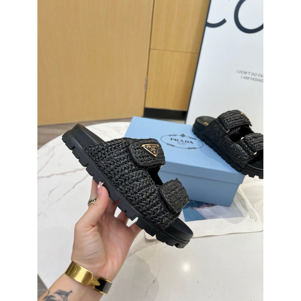 Cheap Reps Prada Womens Crochet Sandals in Black Raffia