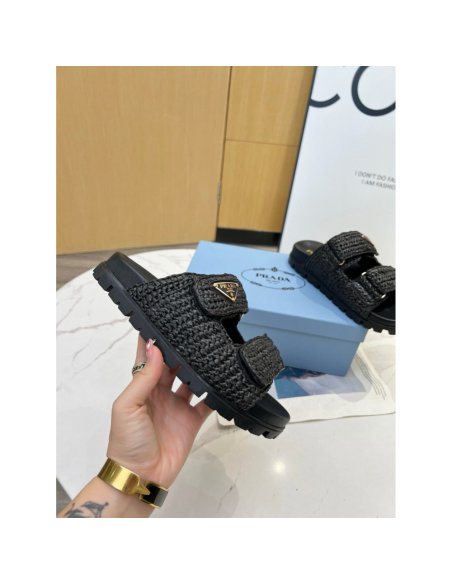 Cheap Reps Prada Womens Crochet Sandals in Black Raffia