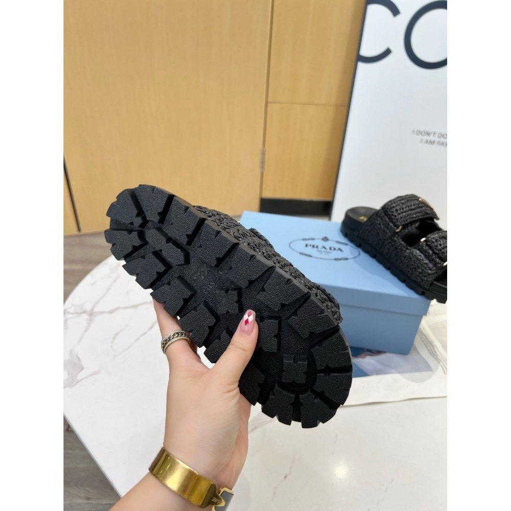 Cheap Reps Prada Womens Crochet Sandals in Black Raffia