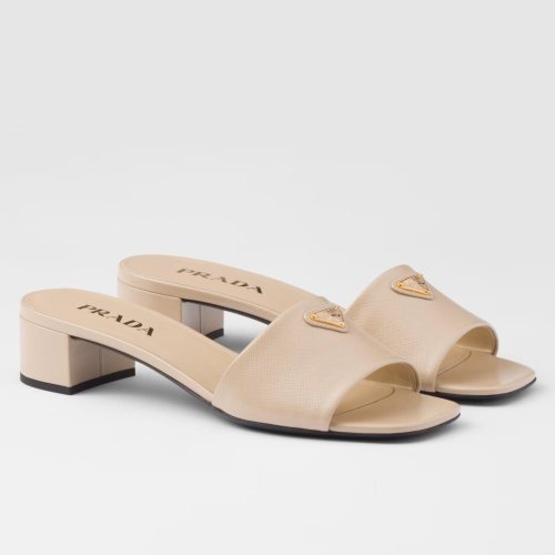 Cheap Reps Prada Heeled Sandals 35mm in Beige Saffiano Leather