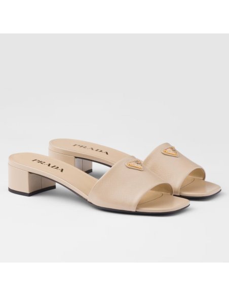 Cheap Reps Prada Heeled Sandals 35mm in Beige Saffiano Leather