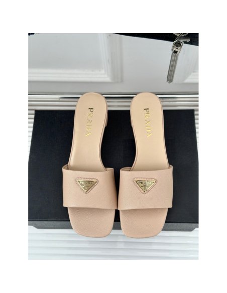 Cheap Reps Prada Heeled Sandals 35mm in Beige Saffiano Leather