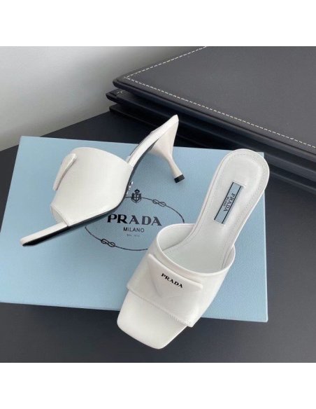 Cheap Reps Prada Heeled Slide Sandals 65mm In White Leather