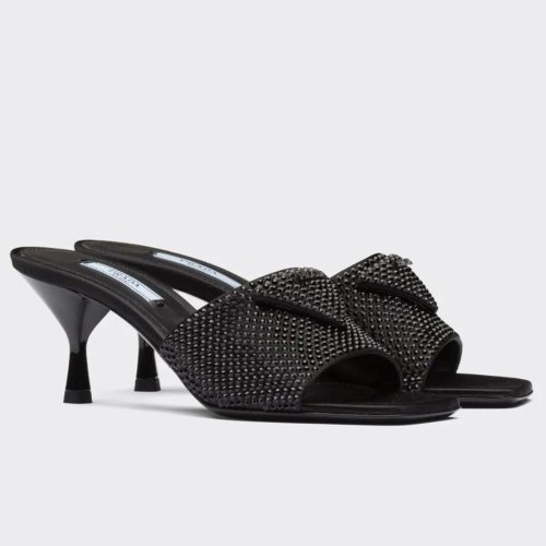 Cheap Reps Prada Black Satin Heeled Sandals with Crystals