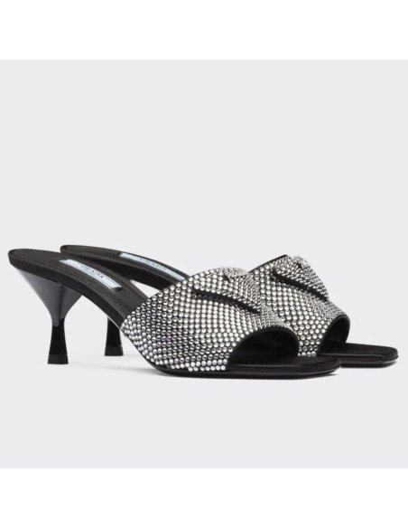 Cheap Reps Prada Black Satin Heeled Sandals with White Crystals