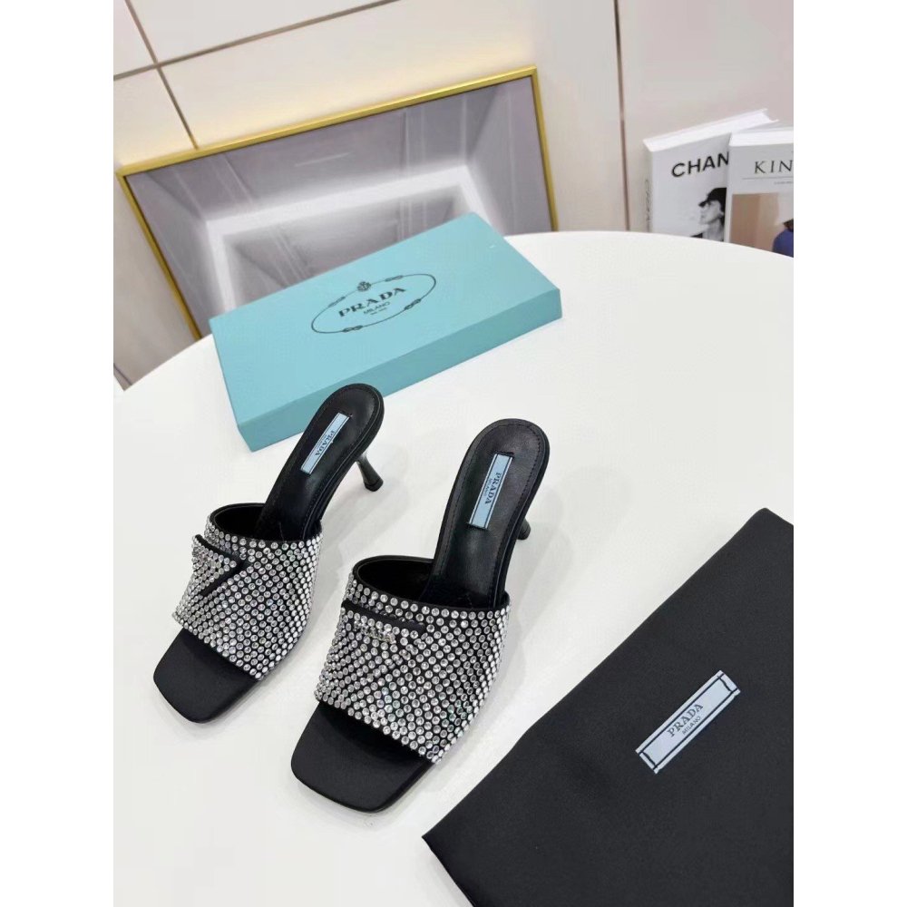 Cheap Reps Prada Black Satin Heeled Sandals with White Crystals