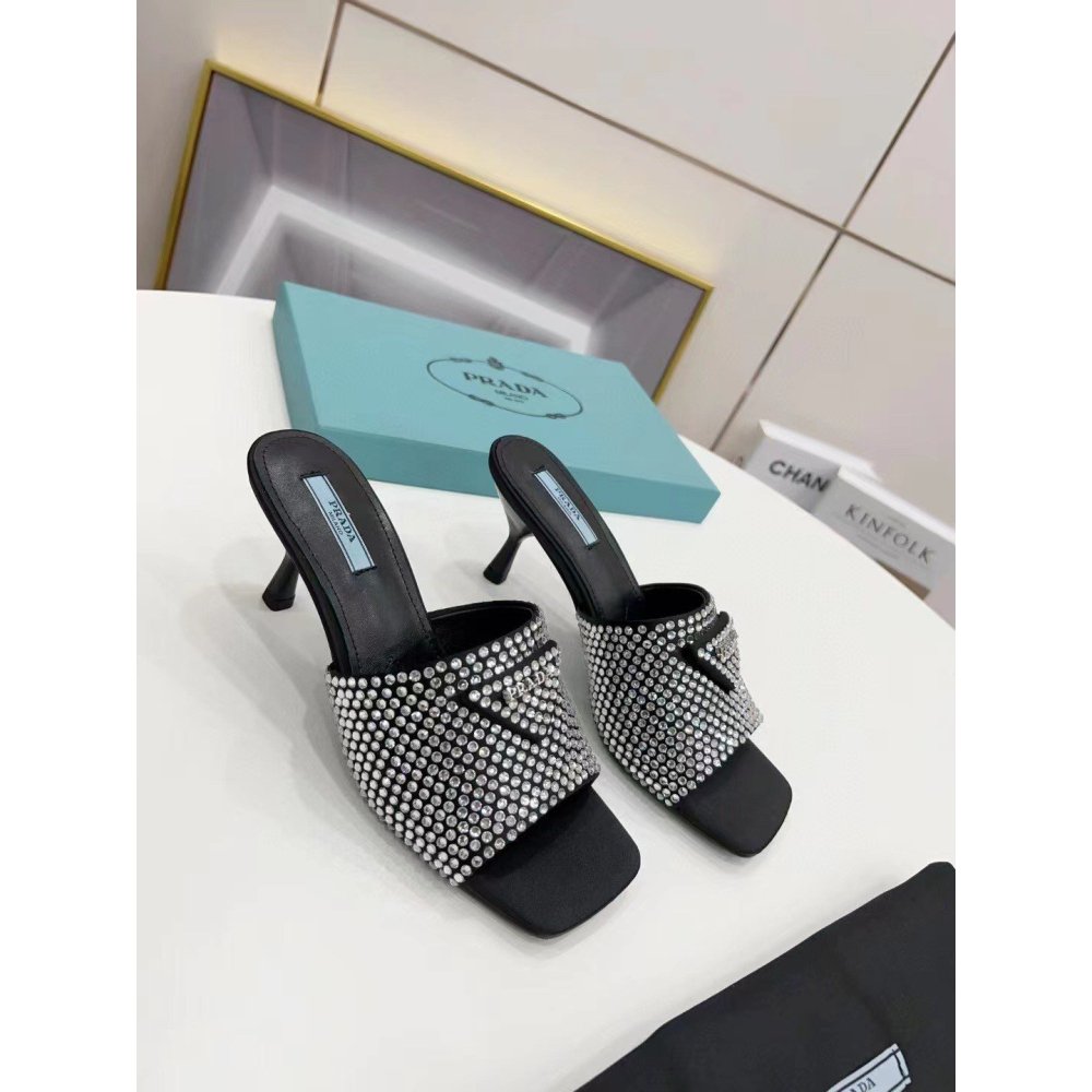 Cheap Reps Prada Black Satin Heeled Sandals with White Crystals