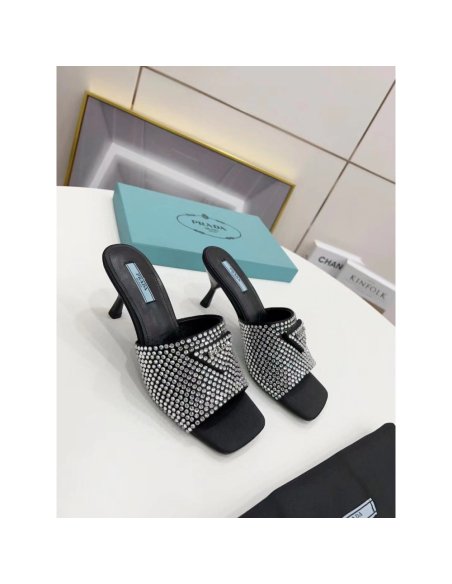 Cheap Reps Prada Black Satin Heeled Sandals with White Crystals