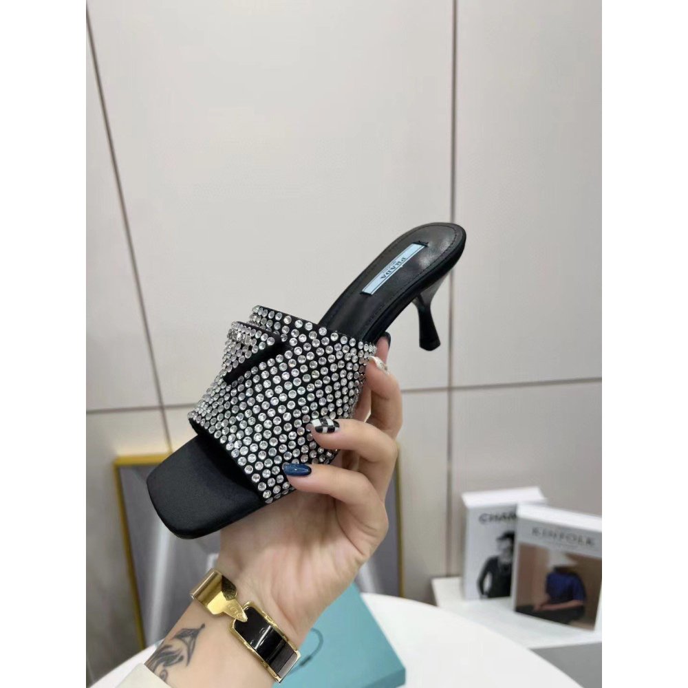 Cheap Reps Prada Black Satin Heeled Sandals with White Crystals