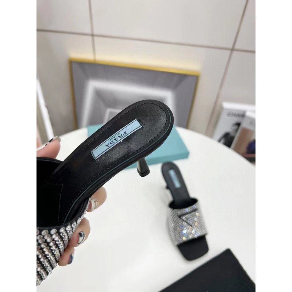 Cheap Reps Prada Black Satin Heeled Sandals with White Crystals