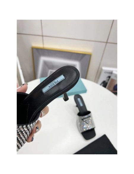 Cheap Reps Prada Black Satin Heeled Sandals with White Crystals
