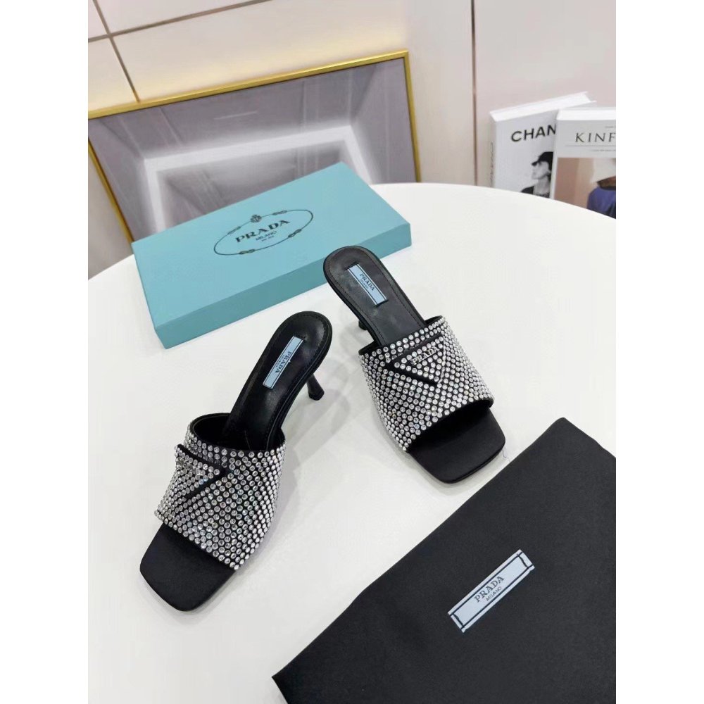 Cheap Reps Prada Black Satin Heeled Sandals with White Crystals