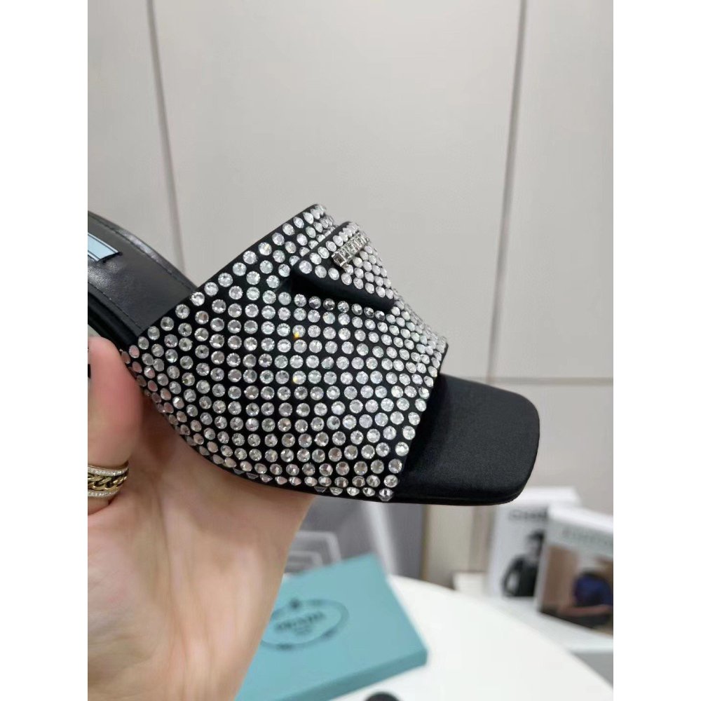 Cheap Reps Prada Black Satin Heeled Sandals with White Crystals