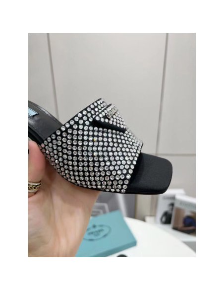 Cheap Reps Prada Black Satin Heeled Sandals with White Crystals