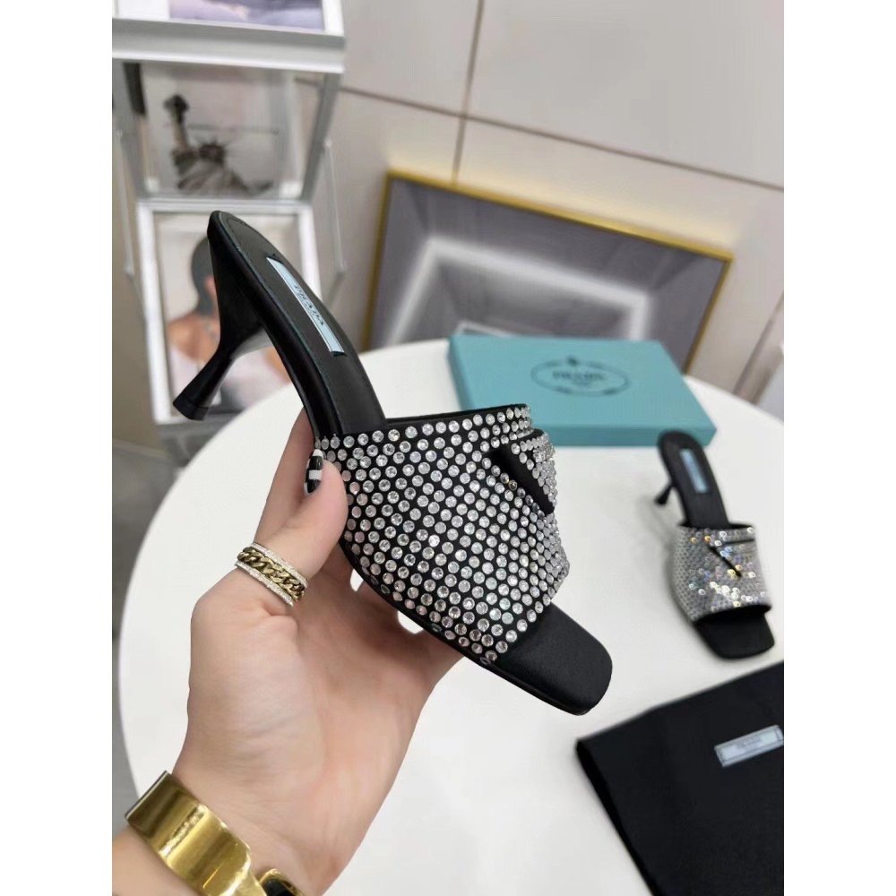 Cheap Reps Prada Black Satin Heeled Sandals with White Crystals