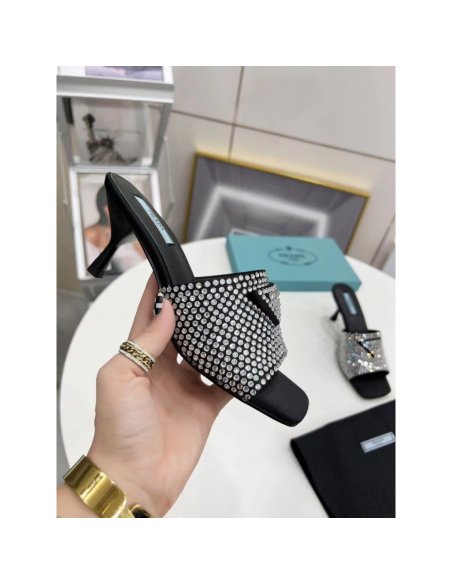 Cheap Reps Prada Black Satin Heeled Sandals with White Crystals