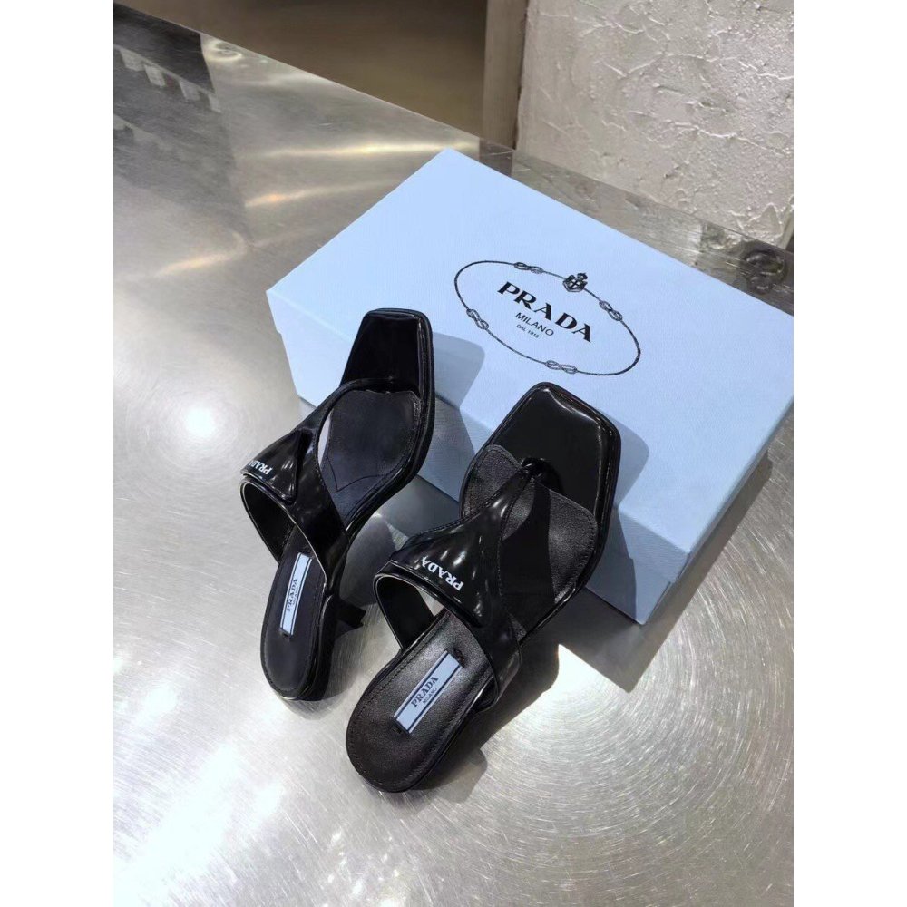 Cheap Reps Prada Heeled Thong Sandals In Black Brushed Leather