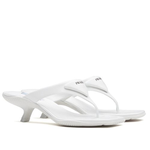 Cheap Reps Prada Heeled Thong Sandals In White Brushed Leather