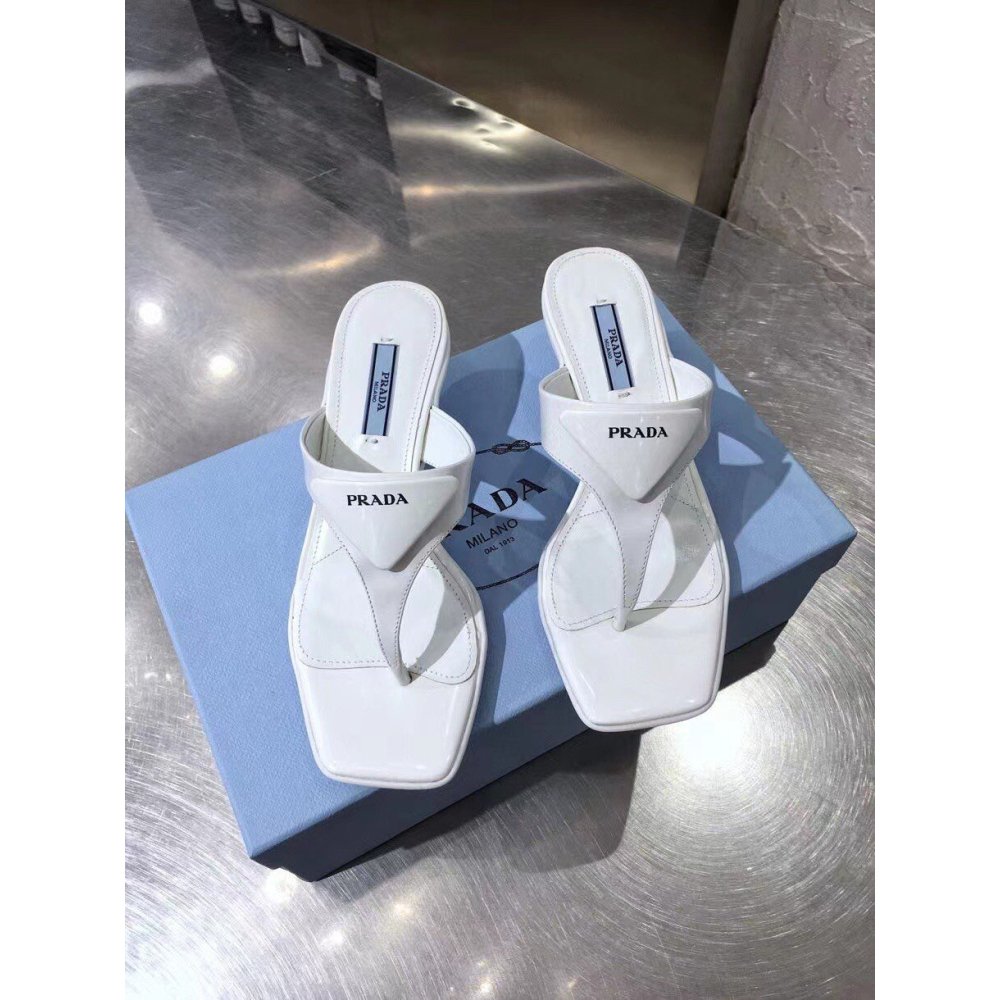 Cheap Reps Prada Heeled Thong Sandals In White Brushed Leather