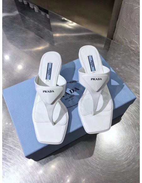 Cheap Reps Prada Heeled Thong Sandals In White Brushed Leather