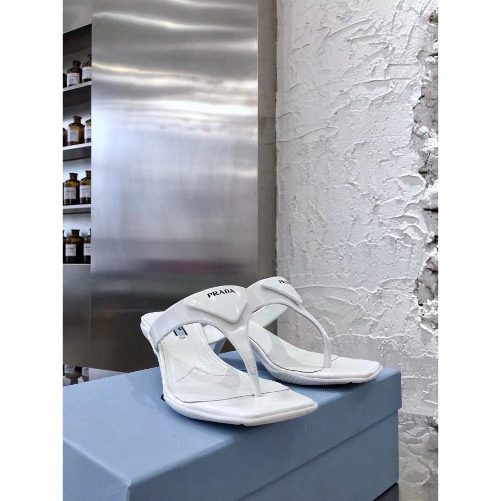 Cheap Reps Prada Heeled Thong Sandals In White Brushed Leather