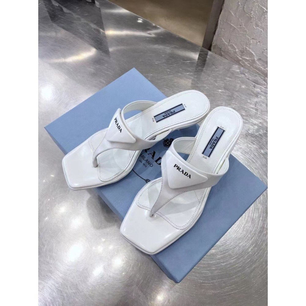 Cheap Reps Prada Heeled Thong Sandals In White Brushed Leather