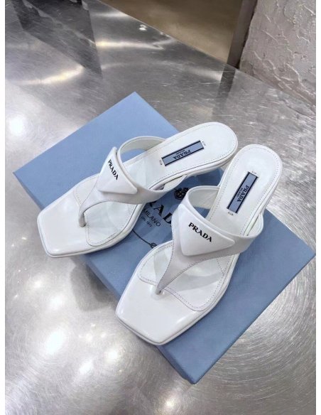 Cheap Reps Prada Heeled Thong Sandals In White Brushed Leather