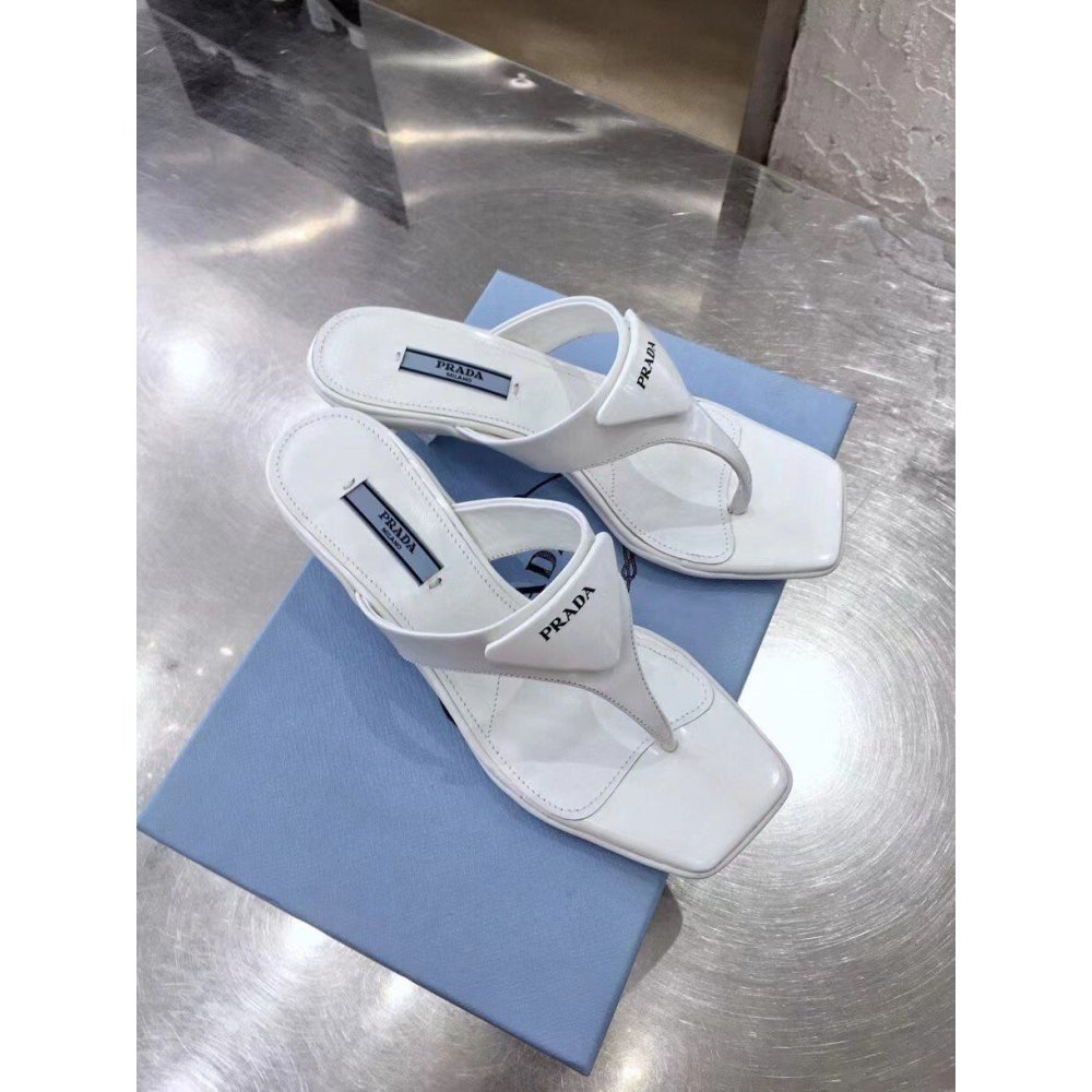 Cheap Reps Prada Heeled Thong Sandals In White Brushed Leather