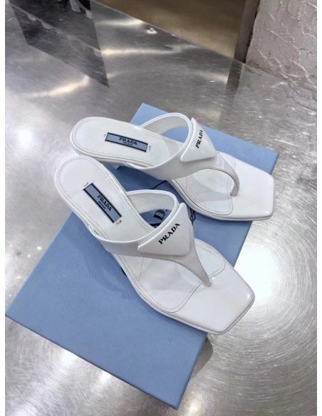 Cheap Reps Prada Heeled Thong Sandals In White Brushed Leather