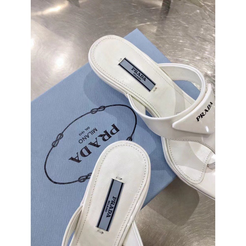 Cheap Reps Prada Heeled Thong Sandals In White Brushed Leather