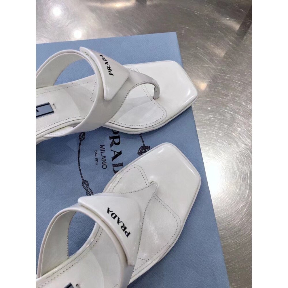 Cheap Reps Prada Heeled Thong Sandals In White Brushed Leather