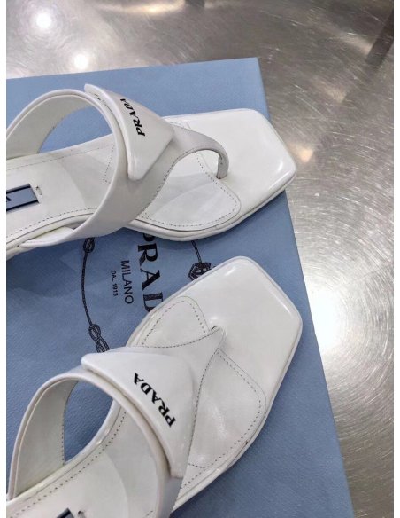 Cheap Reps Prada Heeled Thong Sandals In White Brushed Leather