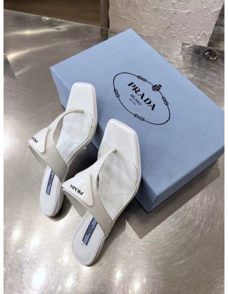 Cheap Reps Prada Heeled Thong Sandals In White Brushed Leather