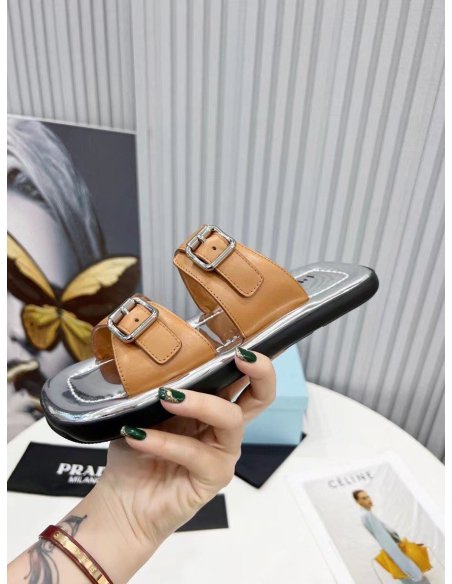 Cheap Reps Prada Double-strap Sandals In Brown Leather