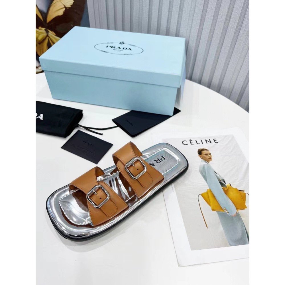 Cheap Reps Prada Double-strap Sandals In Brown Leather