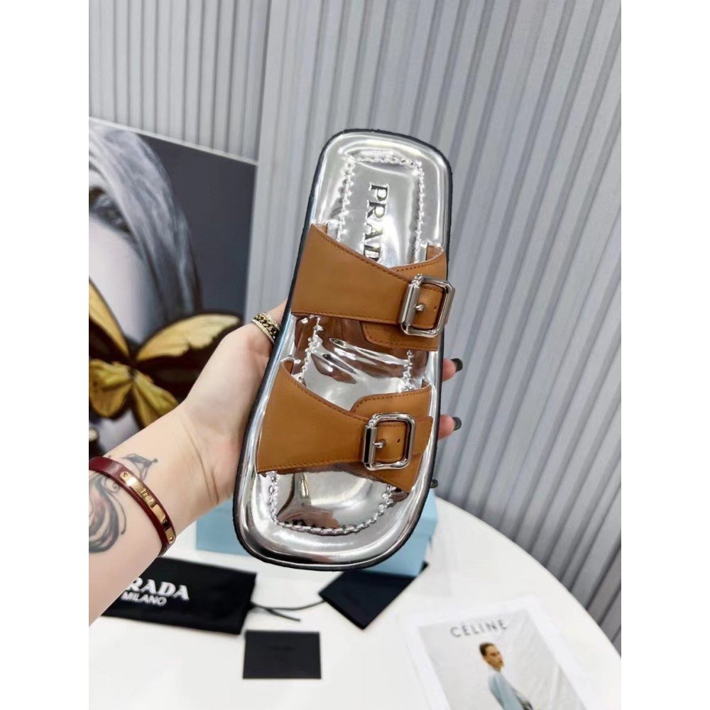 Cheap Reps Prada Double-strap Sandals In Brown Leather