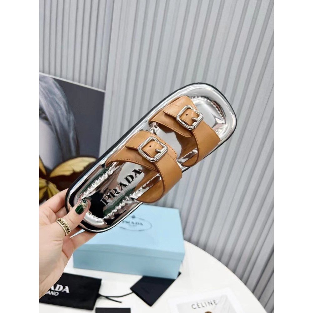 Cheap Reps Prada Double-strap Sandals In Brown Leather