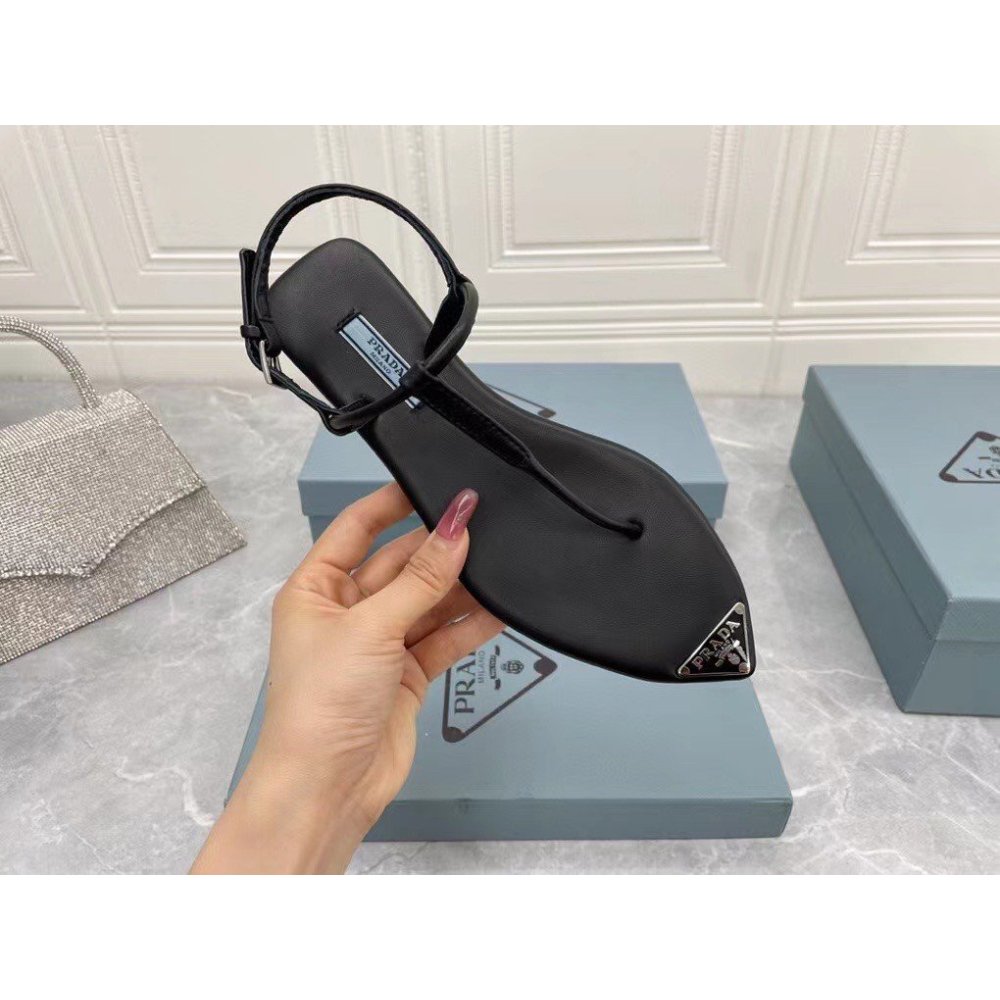 Cheap Reps Prada Thong Sandals In Black Brushed Leather