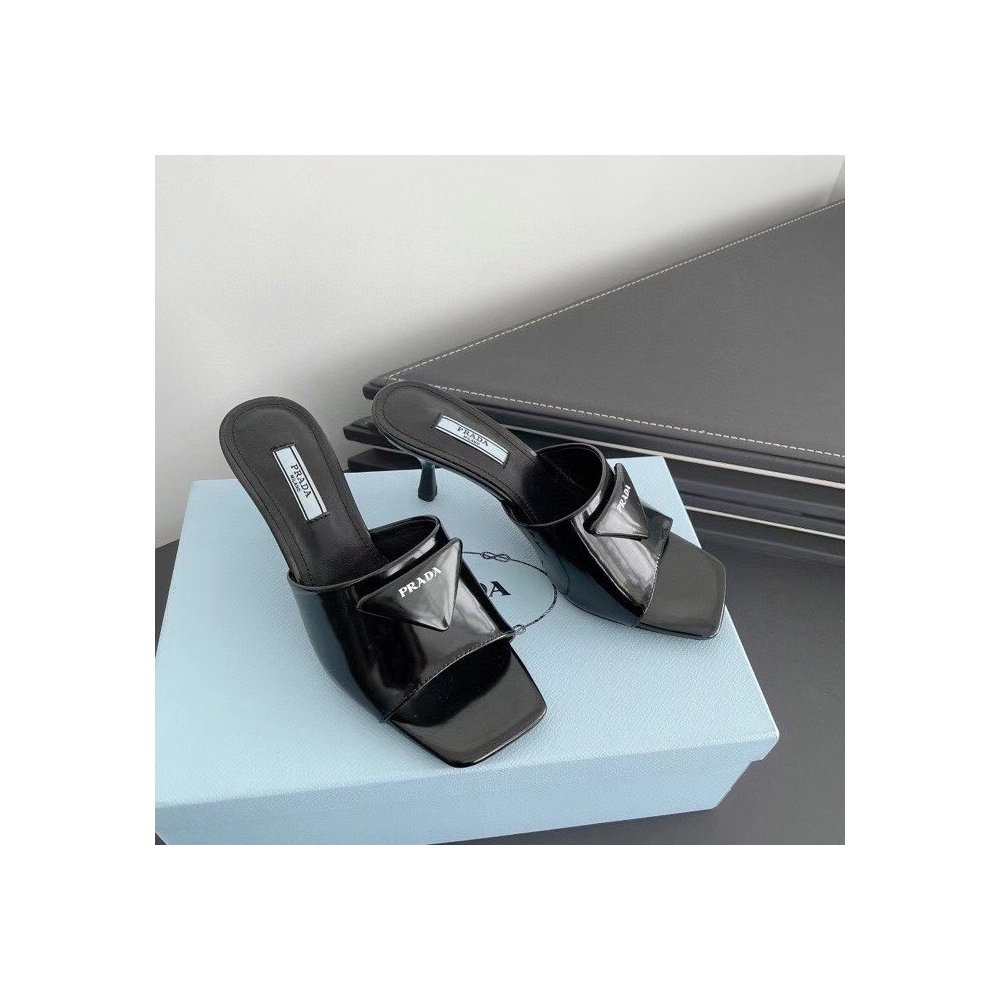 Cheap Reps Prada Heeled Slide Sandals 65mm In Black Leather
