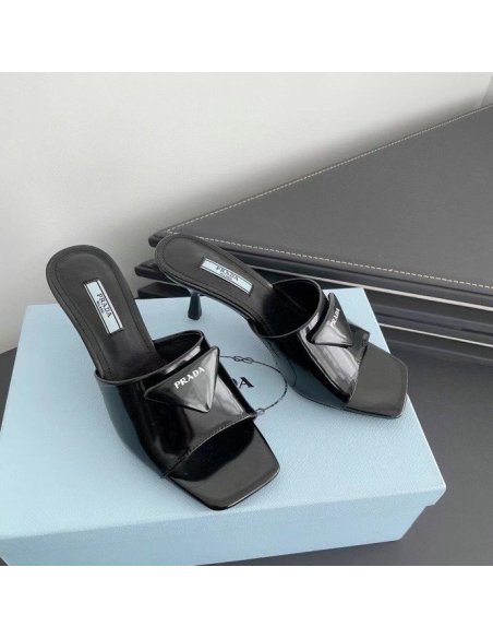 Cheap Reps Prada Heeled Slide Sandals 65mm In Black Leather