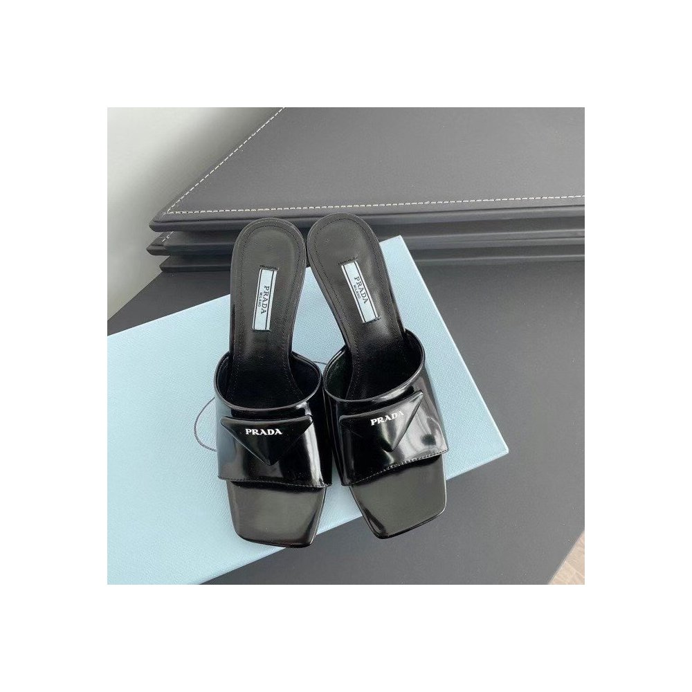 Cheap Reps Prada Heeled Slide Sandals 65mm In Black Leather