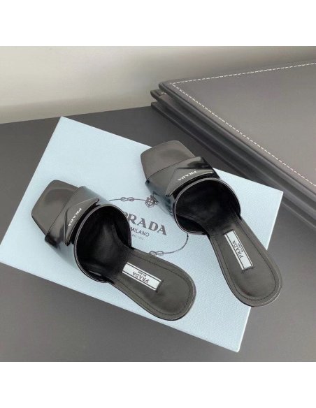 Cheap Reps Prada Heeled Slide Sandals 65mm In Black Leather