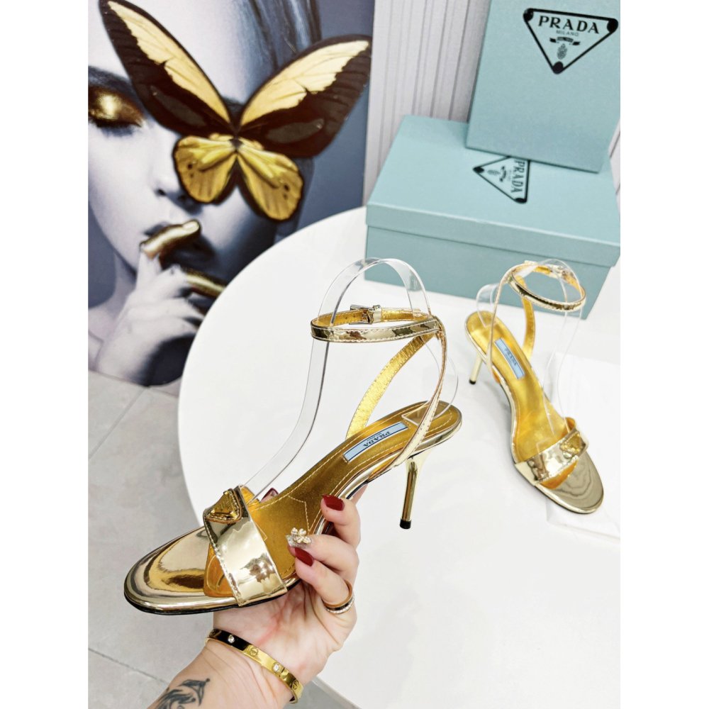 Cheap Reps Prada Heel Sandals 85mm In Gold Metallic Leather