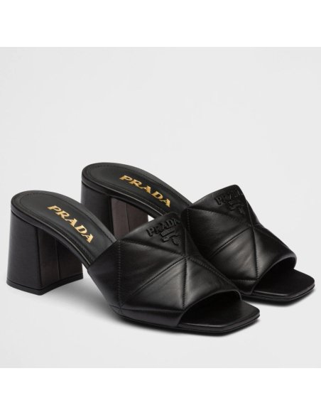 Cheap Reps Prada Heeled Slide Sandals 65mm In Black Nappa Leather