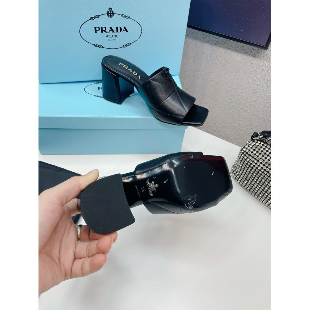 Cheap Reps Prada Heeled Slide Sandals 65mm In Black Nappa Leather
