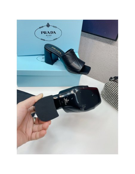 Cheap Reps Prada Heeled Slide Sandals 65mm In Black Nappa Leather
