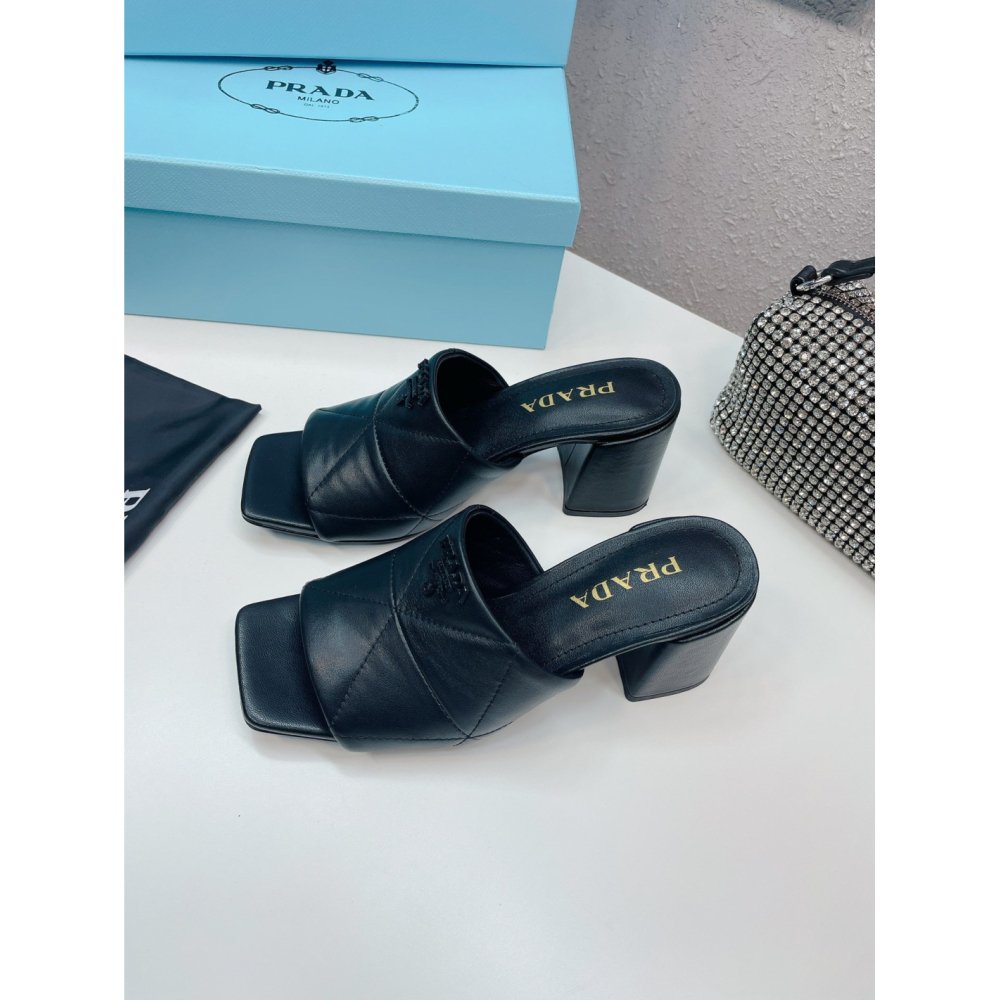 Cheap Reps Prada Heeled Slide Sandals 65mm In Black Nappa Leather