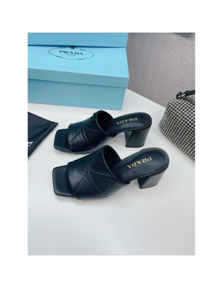 Cheap Reps Prada Heeled Slide Sandals 65mm In Black Nappa Leather
