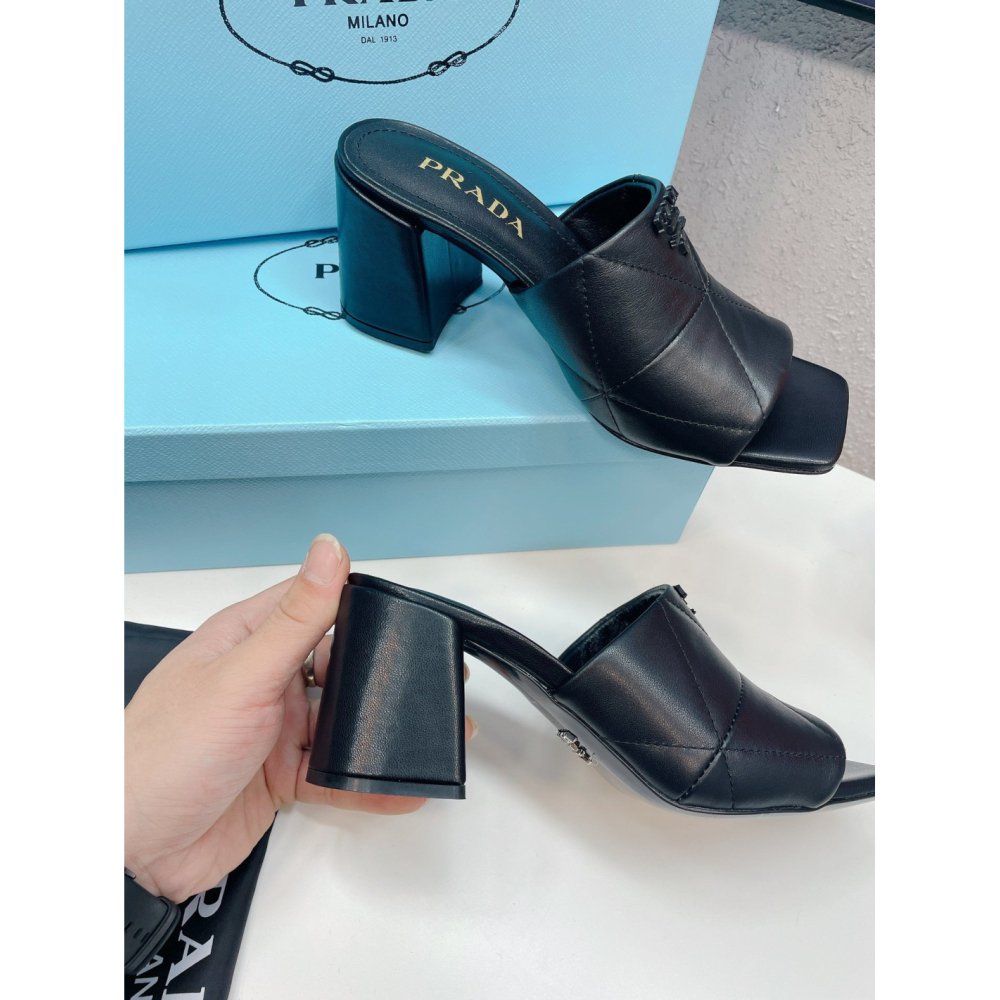 Cheap Reps Prada Heeled Slide Sandals 65mm In Black Nappa Leather