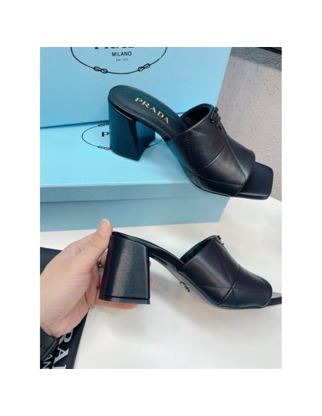 Cheap Reps Prada Heeled Slide Sandals 65mm In Black Nappa Leather